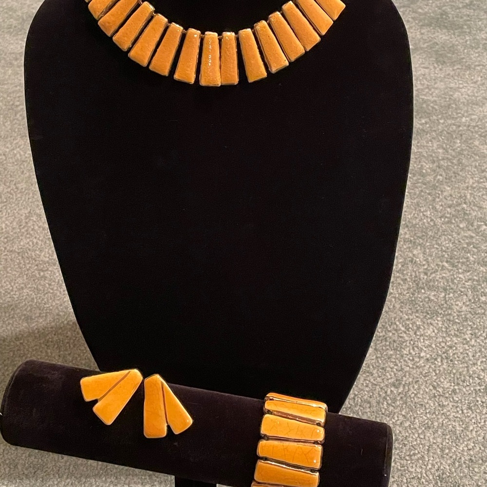 Rare handcrafted signed red pottery necklace, bracelet and earring set